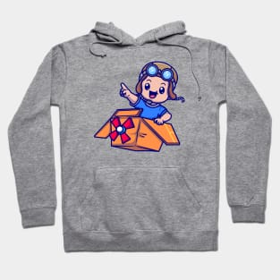 Cute Boy Pilot Driving Cardboard Plane Cartoon Hoodie